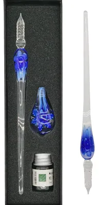 Productafbeelding van Set glasstiften: kalligrafiepen met inkt, spiraaldesign, blauw