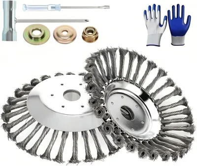 Produktbild von 2 Unkrautbürsten, Zubehör für Rasenmäher, Drahtbürste, Edelstahlbürste, inklusive Montageset und Handschuhen, Drahtbürste
