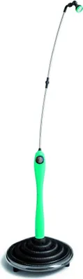 A green and silver outdoor shower with a black base, isolated on a white background.