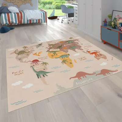 Image de Tapis pour chambre d'enfant Tapis pour enfants Dinosaures Monde Antidérapant Beige Marron Vert Taille 200 cm Rond
