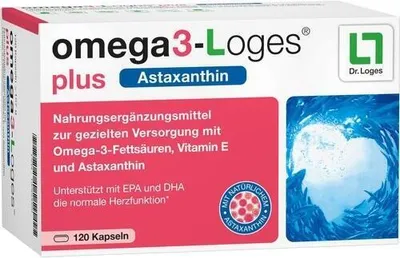 A product box for Omega3-Loges plus Astaxanthin capsules.
