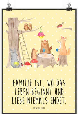 Produktbild von Mr. & Mrs. Panda Bild Waldtiere Picknick DIN A2 - Gelb Pastell - Geschenk, Wandbild, Fuchs, Eichhörnchen, wanddeko, Hase, Igel, Wald, Lustige Sprüche, Posterdruck, drucke