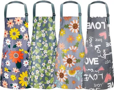 Produktbild von Ibenzoa® 4er-Set bunte Küchenschürzen mit Blumenmuster für Damen, verstellbarer Nackenriemen, große Taschen, 71×66 cm, Baumwolle/PVC, wasserabweisend, waschbar