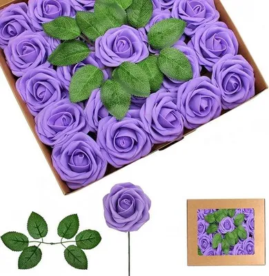 Produktbild von Kunstrosen, lila, Set mit 25 Stück – Schaumrosen mit Stielen und Blättern – ideal für Hochzeiten und Dekoration