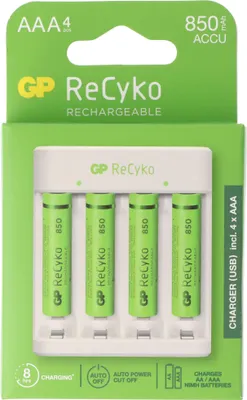 Produktbild von USB-Modell Ladegerät GP E411 inkl. 4x ReCyko 1,2V AAA Micro 850 mAh Akkus