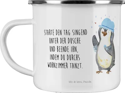 Produktbild von Mr. & Mrs. Panda Emaille Tasse Pinguin Duschen - Weiß - Geschenk, Pott, Singen, Neustart, Tanzen, Haferl, wanderbecher, Motivation, Teetasse, Dusche, Duschkonzert