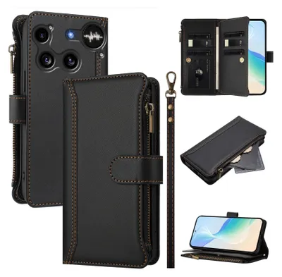 A collage of images showing a black leather phone case with a zipper and card slots, a detachable strap, and a phone inside the case.