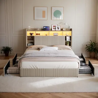 Obrázok produktu pre Postel INONEFT, rozmer 160x200 cm, s úložným priestorom, moderná čalúnená posteľ s LED osvetlením, USB nabíjacím portom, dvojlôžko s 4 zásuvkami, materiál: ľan, bez matraca, farba: béžová