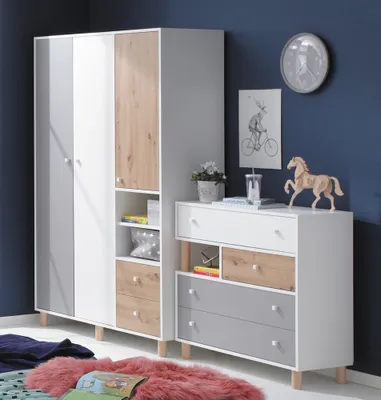 Produktbild von Jugendzimmer Set 2-teilig FAIRFAX-133 mit Kleiderschrank in weiß mit Eiche und grau