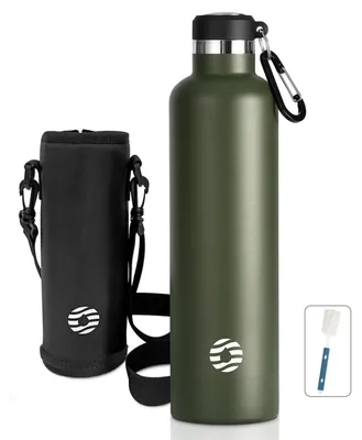 Produktbild von Edelstahl Trinkflasche 1L mit Karabiner BPA-frei Armeegrün 1000 ml Doppelwandig isoliert auslaufsicher
