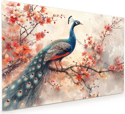 Produktbild von Küchenrückwand Spritzschutz Glas mit Motiv Pfau und Blüten 40 x 40 cm