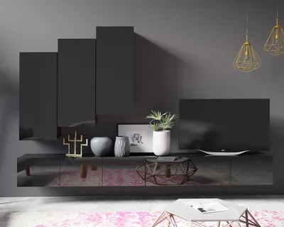 Obrázek produktu pro Amanda XI nástěnná skříňka šířka 300 cm Moderní nástěnná skříňka pod TV (černý mat + černá lesklá čela)