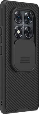A black phone case with a camera cover is shown against a white background.