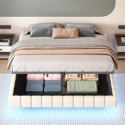 Produktbild von STILVORA Polsterbett 180×200 mit Bettkasten und Lattenrost,Doppelbett Jugendbett mit LED-Licht,Schwebebettrahmen ohne Kopfteil,Beige(mit Matratze)
