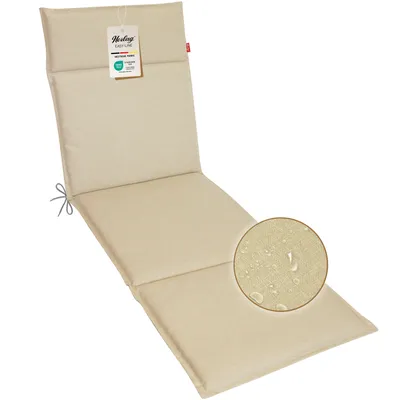 A beige chaise lounge cushion is shown against a white background. A circular inset highlights the water-repellent fabric.