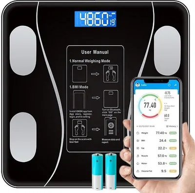 Imagen del producto de Báscula digital con conectividad a través de una aplicación móvil: mide la grasa corporal, el peso, el índice de masa corporal (IMC), el metabolismo basal, la masa muscular y realiza un análisis corporal