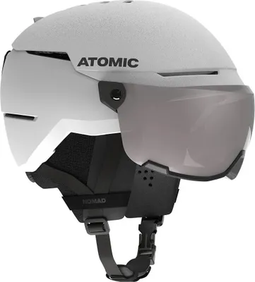 A white ski helmet with a visor, shown from the front-left.