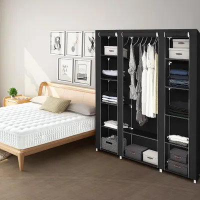 Produktbild von Kleiderschrank Stoffschrank Faltschrank  Wäscheschrank Garderobe mit Kleiderstange  Vlies Gewebe Schwarz  175*150*45cm