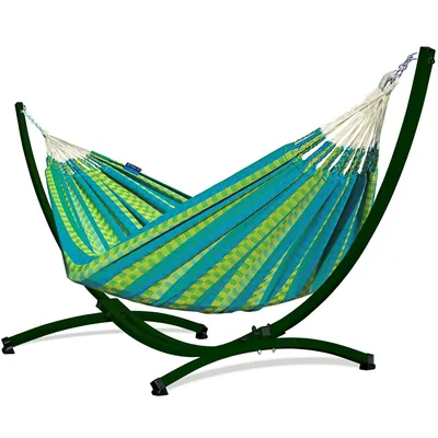 Produktbild von Potenza Outdoor Morena Hängematte mit Gestell für 2 Personen I 100% Baumwolle Doppelhängematte 230x160 cm, 220kg I Grün Hängemattengestell 220kg, wetterfest