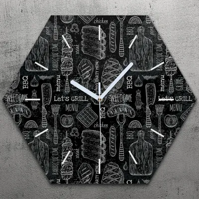 Produktbild von Uhr hexagonal 40 cm Glas Geräuschlos weiße Zeiger - BBQ Skizze Kreidetafel