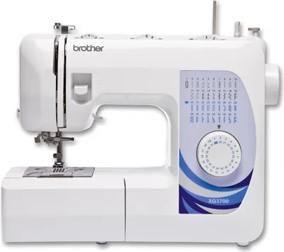 A white Brother sewing machine with blue accents is shown against a white background.