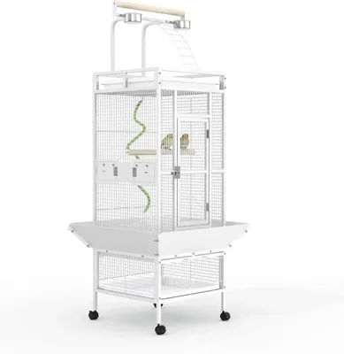 Image de Cage pour perroquet - Cage à oiseaux - 152 cm de haut - Fer forgé - Espace de jeu en haut - Perchoir en corde - Mangeoires - Roulettes - Blanc