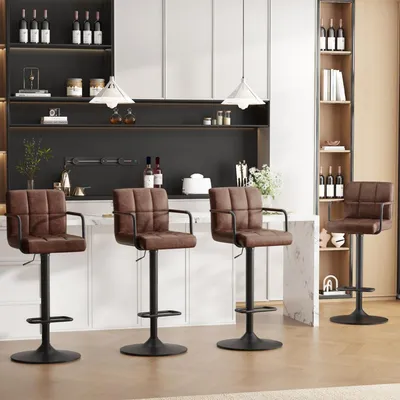 Immagine prodotto di Set di 4 sgabelli da bar, regolabili in altezza, girevoli, rivestiti in ecopelle, color marrone scuro
