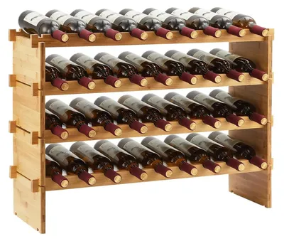 Immagine prodotto di Scaffale per vino/bottiglie in bambù - 4 ripiani - Per 36 bottiglie - Impilabile, modulare - Scaffale da terra indipendente