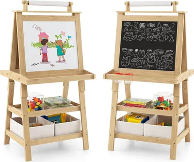 Produktbild von GOPLUS 3 in 1 Standtafel für Kinder, Magnetisches Whiteboard & Kreidetafel, Doppelseitiger Staffelei mit Aufbewahrungsbox, Maltafel, Schreibtafel (Natur)