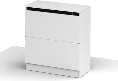 A white cabinet with two drawers and a black vent on top, shown from a slight angle against a white background.