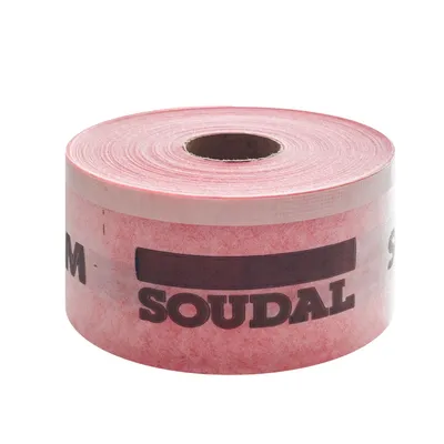 A roll of pink sealing tape with the brand name 'Soudal' printed on it.