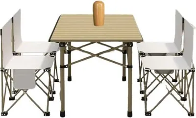 Zdjęcie produktu dla Składany  Stolik Turystyczny Ogrodowy 95*52*50 Cm Beżowy + 4 Krzesła