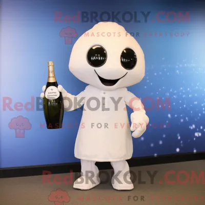 Produktbild von Maskottchenfigur REDBROKOLY eines weißen Champagners gekleidet mit T-Shirt und Fußpolstern