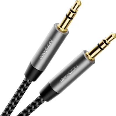 Produktbild von deleyCON 10m Nylon 3,5mm Klinke Audio Stereo AUX Kabel Klinkenkabel Audiokabel Nylonkabel Metallstecker Handy Smartphone Tablet Kopfhörer HiFi Receiver - Schwarz