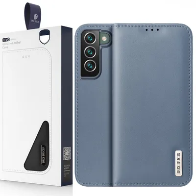 Zdjęcie produktu dla Dux Ducis Hivo Skórzane Etui Z Klapką Pokrowiec Ze Skóry Naturalnej Portfel Na Karty I Dokumenty Samsung Galaxy S22+ (S22 Plus) Niebieski