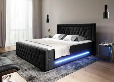 Produktbild von Moebelfest Boxspringbett 180x200 cm mit Blau LED-Beleuchtung: Polsterbett mit 2 Bettkästen, 2 Taschenfederkernmatratzen 7 Zonen, Topper sowie Kopf- und Fußteil (Glasgow in Schwarz)