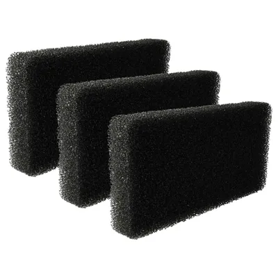 Three black foam filters are arranged in a staggered formation against a white background.