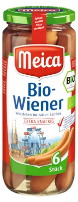 Zdjęcie produktu dla Meica Organic 6 kiełbasek wiedeńskich extra chrupiących ATG 250g słoik 540g