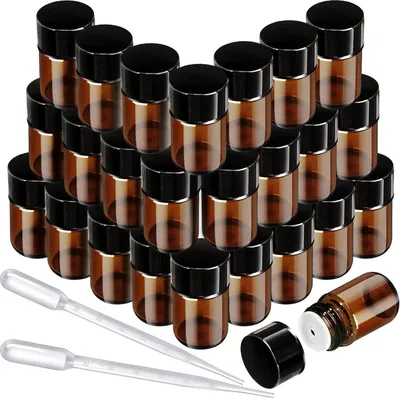 Image de 25 flacons en verre brun de 2 ml pour huiles essentielles, adaptés à l'aromathérapie, avec pipette