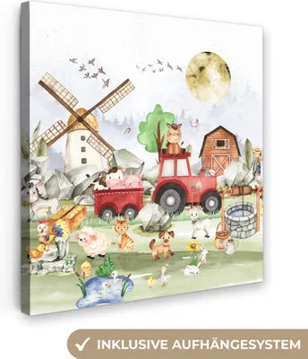 Obrázok produktu pre MuchoWow® - Plátno - Farma - Traktor - Deti - Zvieratá, nástenná maľba, nástenné dekorácie obrazy obývacia izba, 90x90cm