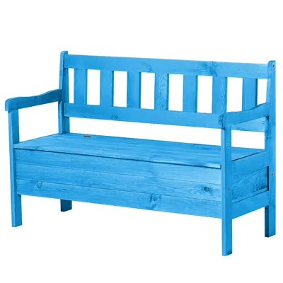 A blue wooden garden bench with a storage compartment, shown against a white background.