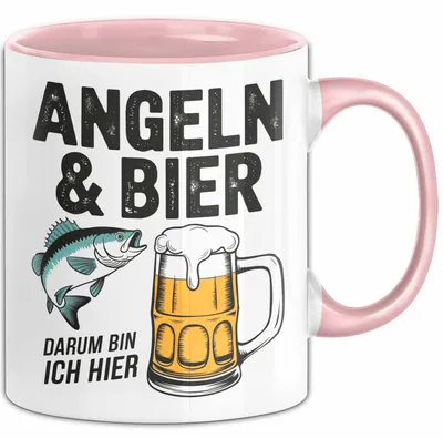 Produktbild von Angeln Fischer Bierliebhaber Tasse Geschenk Lustige Geschenkidee Spruch Angeln Und Bier Darum Bin Ich Hier (Rosa)