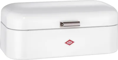 A white breadbox with a silver handle and a red logo on a white background.