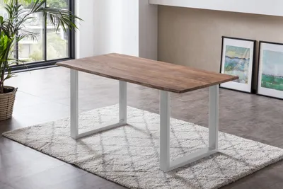 Produktbild von Refurbished Möbelretoure Esstisch Baumkante massiv 180 x 90 cm Akazie stone U-Gestell silber LAURINA