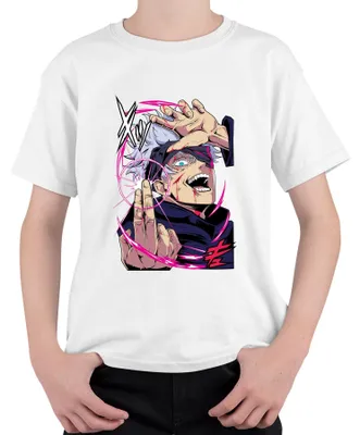 Productafbeelding van Jujutsu Kaisen, T-shirt voor kinderen, wit, met afbeelding van Gojo, wit haar, oogbindsel en energiecirkel. Uni, maat 140