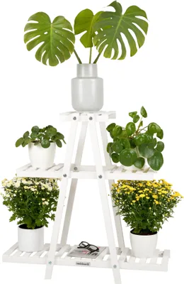 Produktbild von needs&wants® Pflanzenregal Blumenständer aus Holz wetterfest für Outdoor Balkon Garten draußen Indoor innen Wand, Pflanzenständer Blumentreppe, 83 x 28 x 83 cm hoch, weiß