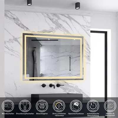 Produktbild von AICA LED Badspiegel mit Knopfschalter 80x60cm Beschlagfrei 3 Lichtfarbe Dimmbar Memory-Funktion Badezimmerspiegel 1 Stunde automatische Abschaltung