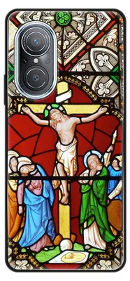 A phone case with a stained glass depiction of the crucifixion of Jesus Christ.