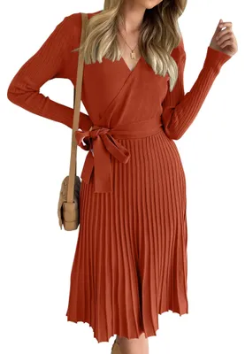 Produktbild von ZESICA Damenkleid, Langarm, Wickelkleid, V-Ausschnitt, Rippstrick, Plissee, A-Li