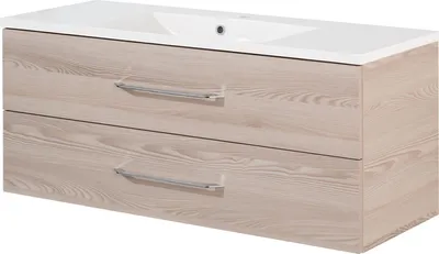 Produktbild von FACKELMANN Waschtischunterschrank inkl. Gussbecken B.CLEVER / Soft-Close-System / Maße (B x H x T): ca. 120 x 48,5 x 46 cm / Möbel fürs WC oder Badezimmer / Schrank: Braun hell / Becken: Weiß